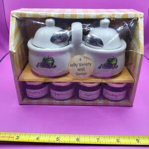 Sealed Vintage Houston Harvest Ceramic Dual Jam Jelly Server Set Spoons 2005